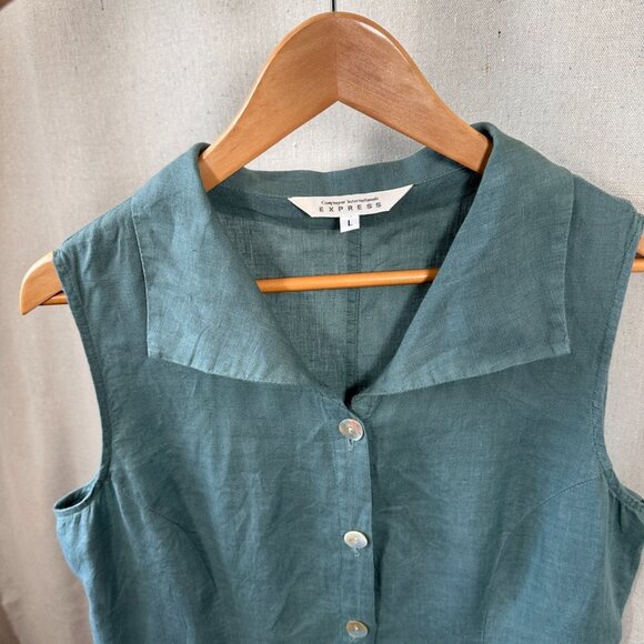 VTG Y2K 90s Sage Full Button Down Linen Column Straight Pencil Dress | Size L - Picture 7 of 8